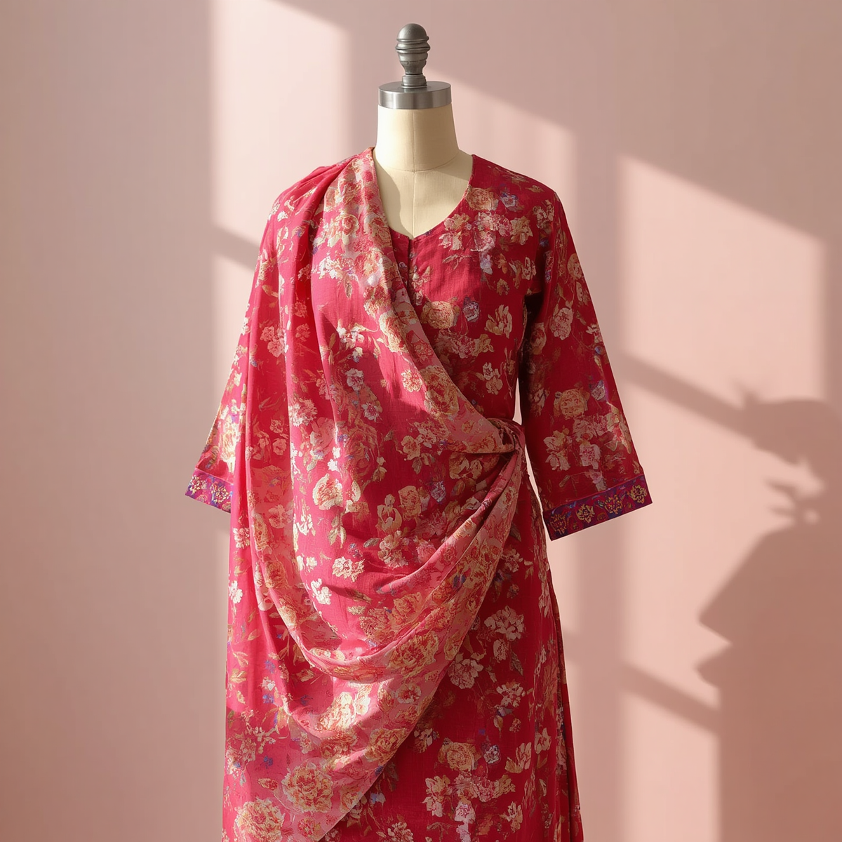 Crimson Rose Floral Cotton Kurti
